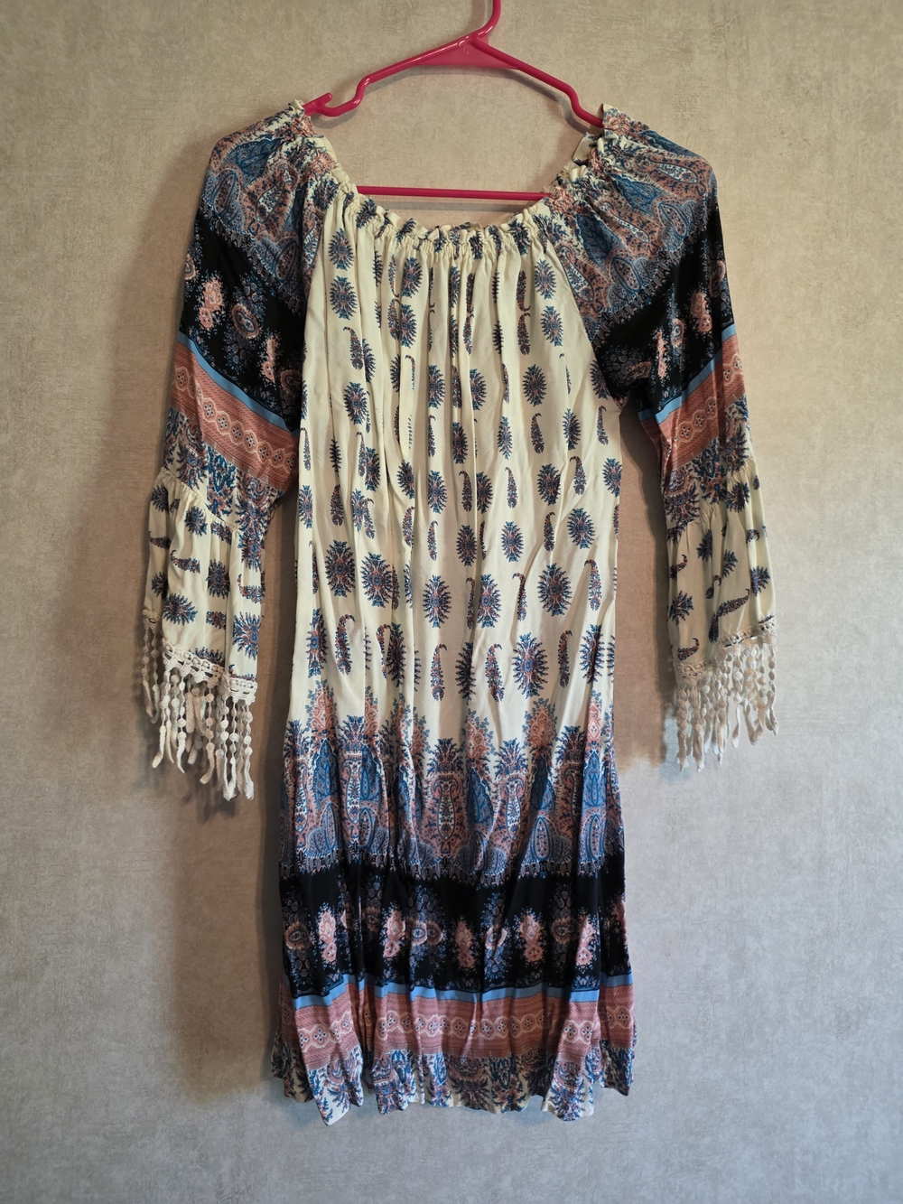 Kori Cream Boho Long-Sleeve Printed Dress with Blue and Rust Accents